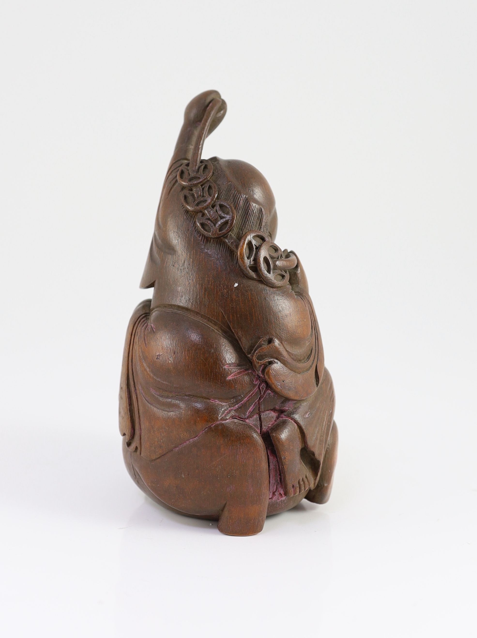 A Chinese bamboo group of Liu Hai and his three legged toad, 19th century, 22cm high, splits and and staining